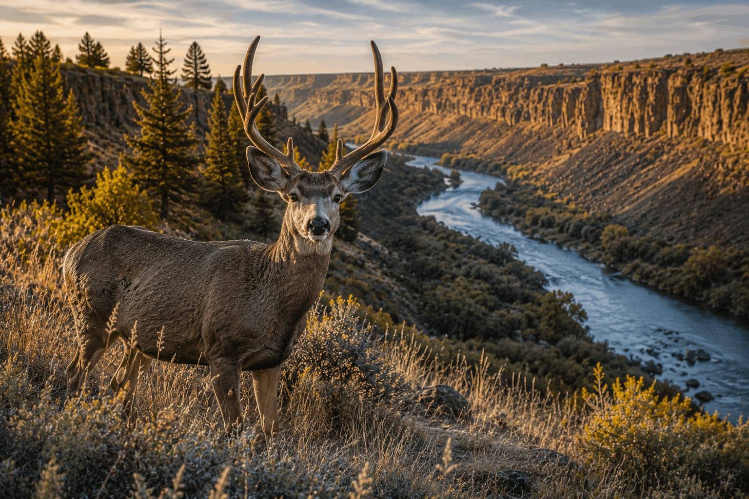 Mule Deer buck standing next to canyon river