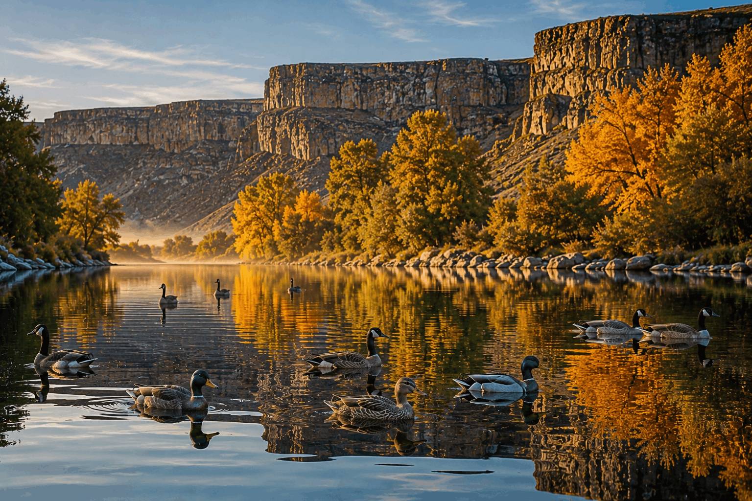 Wood ducks swimming in calm river eddy