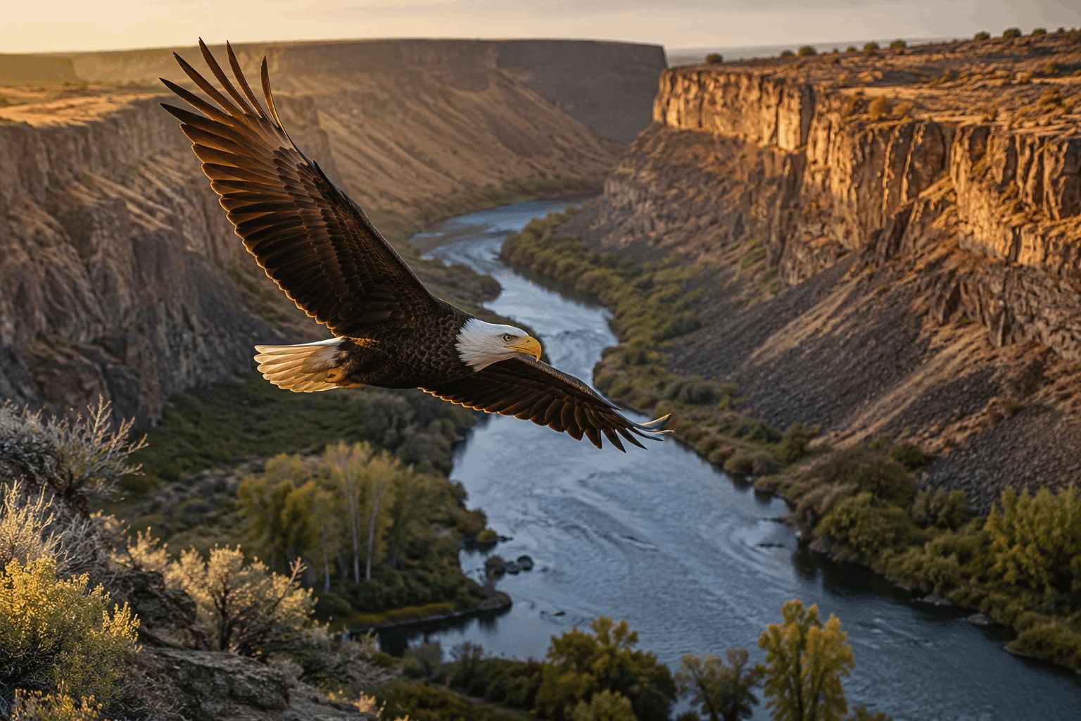 Bald Eagle perched overlooking Yakima river