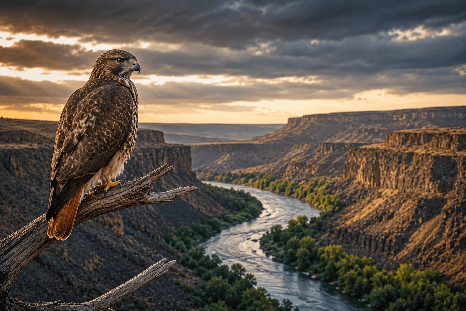 Red-Tailed Hawk perched on canyon rock column