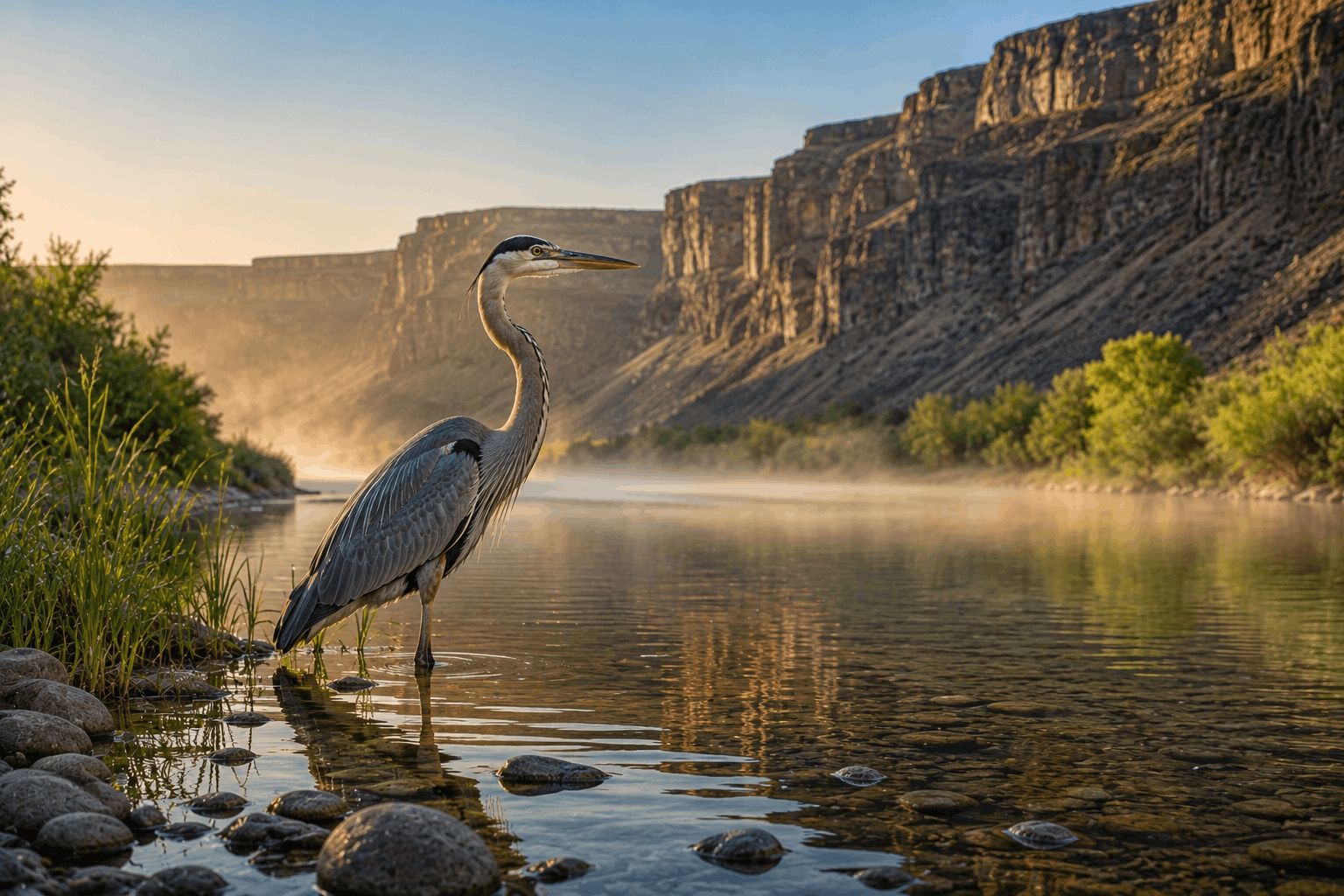 Great Blue Heron standing along river bank