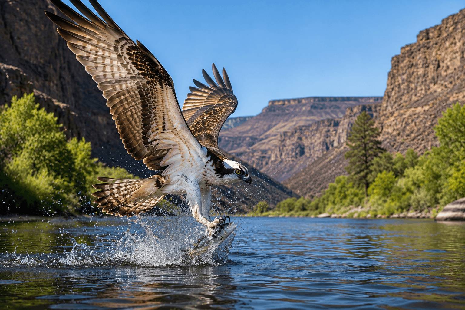Osprey bird flying over river canyon