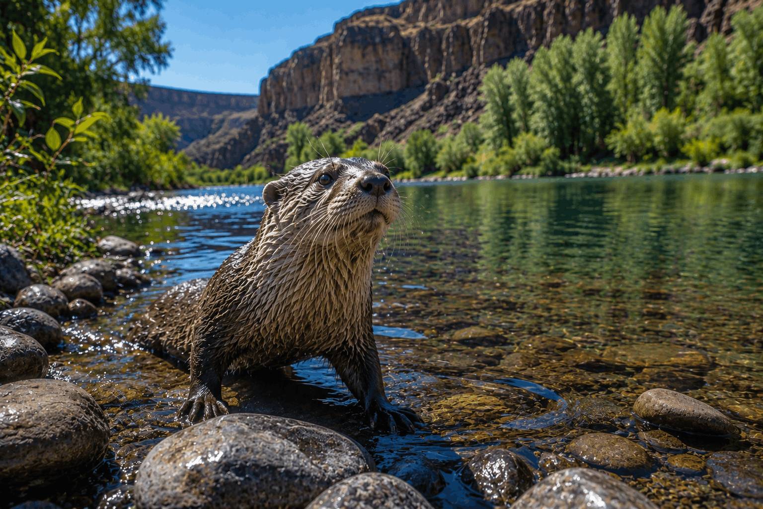 River Otter swimming in river pool